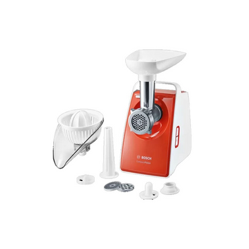 CompactPower Meat Mincer – 1600W Max Power, Citrus Press, Kebbe & Sausage Attachments, White with Soft Orange | Bosch MFW3630I