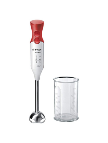 ErgoMixx Hand Blender – 450W, QuattroBlade, Turbo Button, Beaker Included, White & Red | Bosch MSM64110