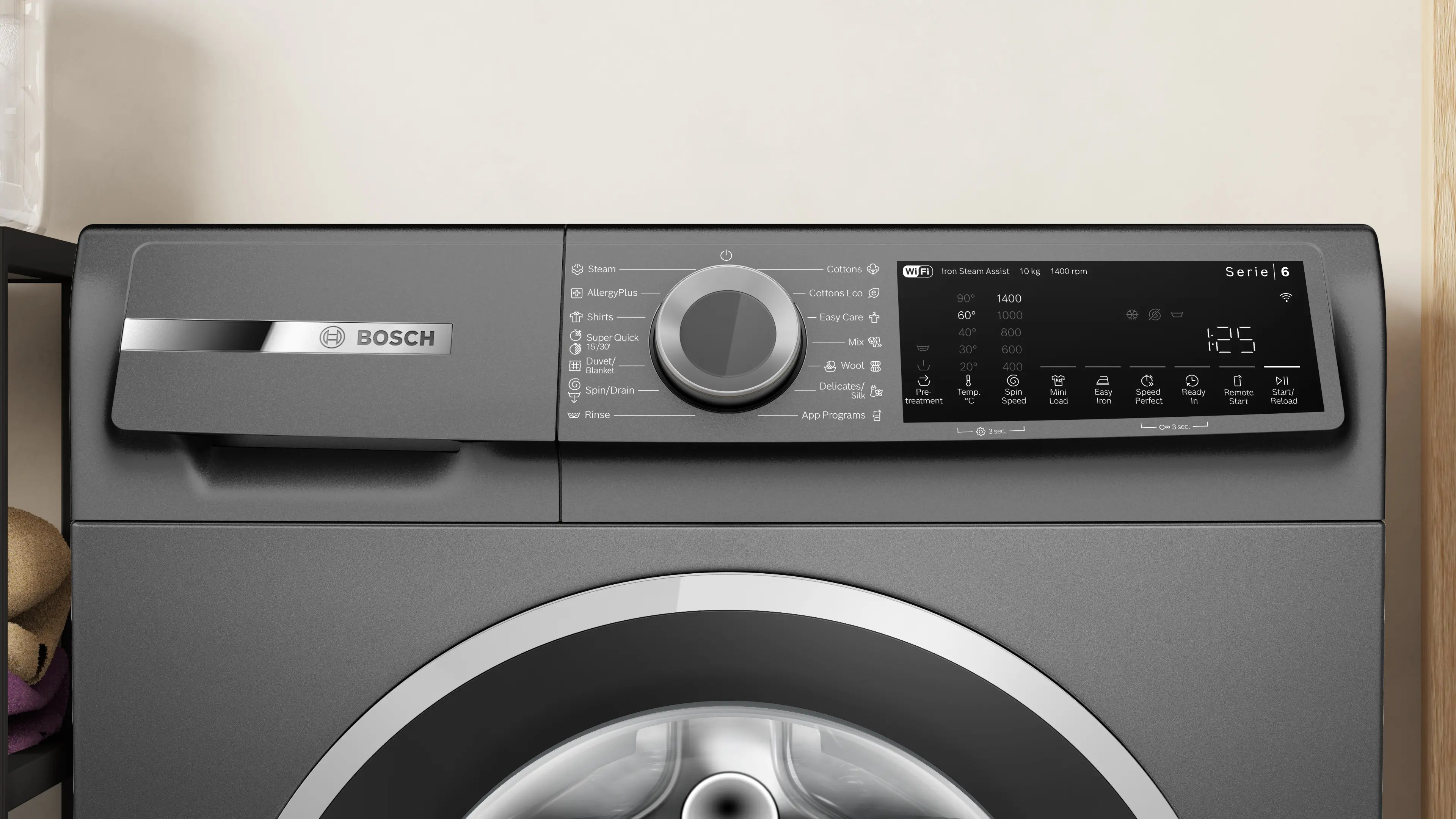 غسالة ملابس تحميل أمامي سيريس 6 – سعة 10 كجم، 1400 دورة/دقيقة، Home Connect، Iron Assist، رمادي Cast Iron | بوش WGK254ZREG