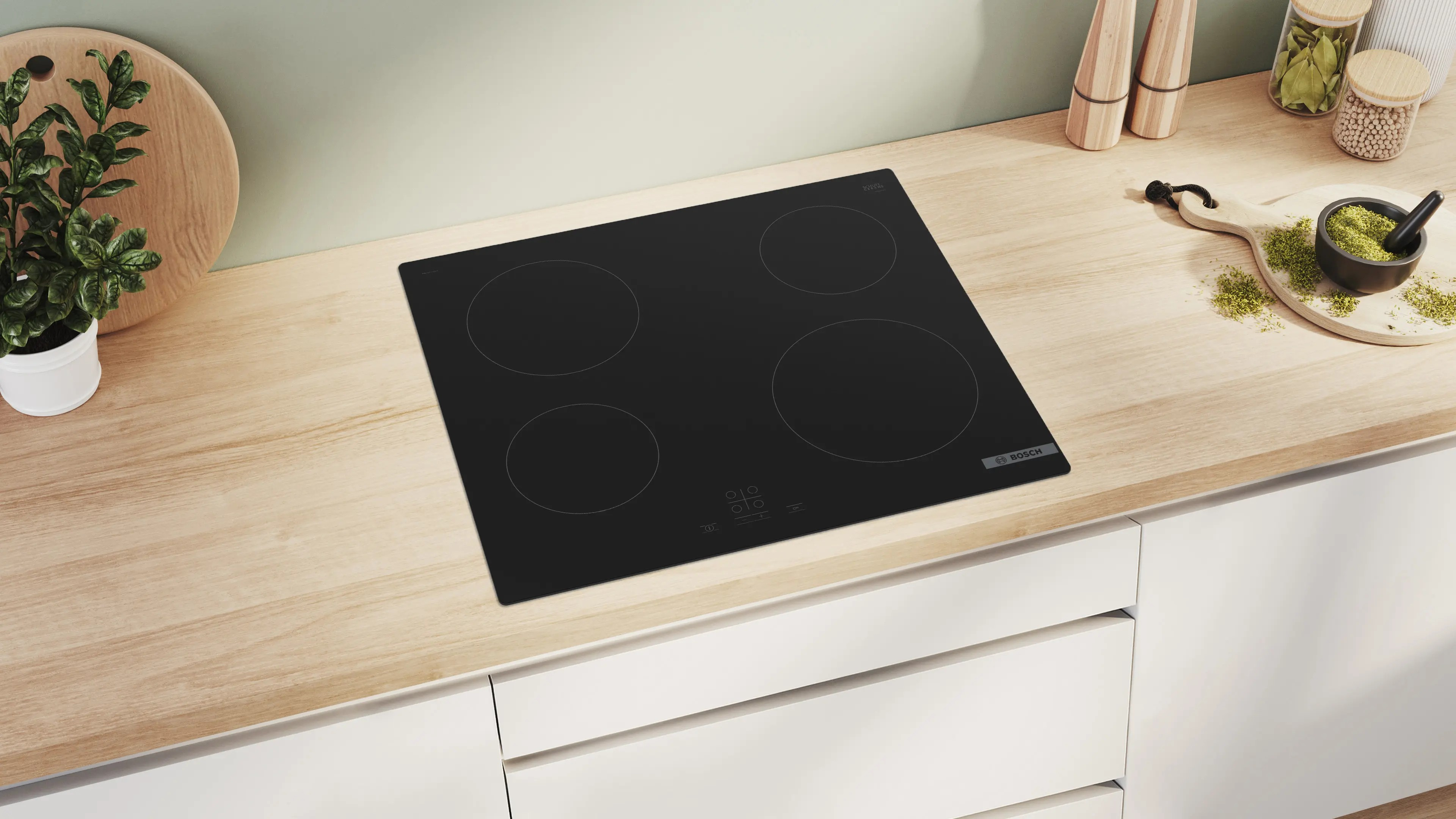 Series 4 Built-in Electric Hob – 60 cm, 4 Zones, TouchSelect, Black Ceramic | Bosch PKE611BA2E
