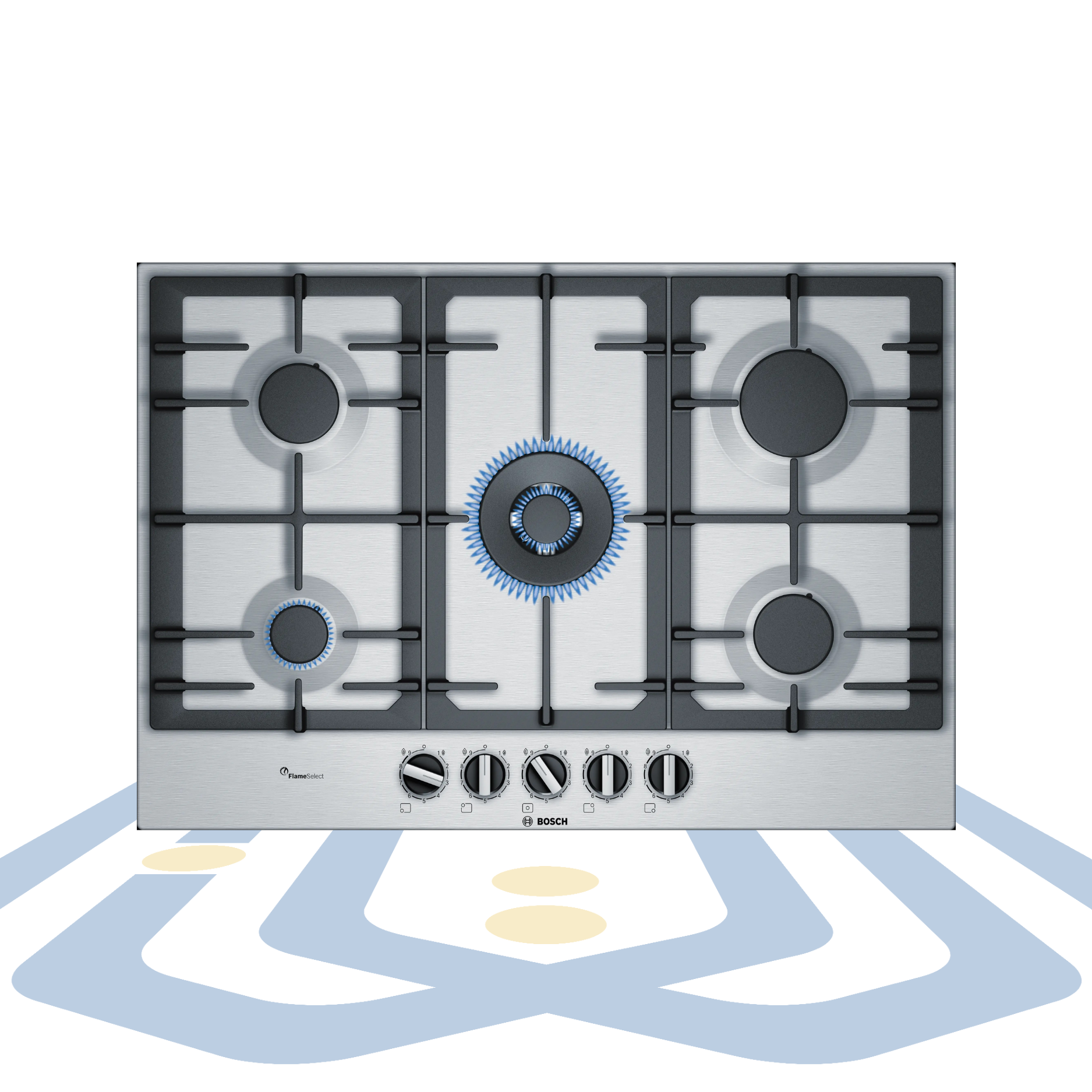 Series 6 Gas Hob – 75cm, Stainless Steel, 5 Burners with FlameSelect & Cast Iron Pan Support | Bosch PCQ7A5B90