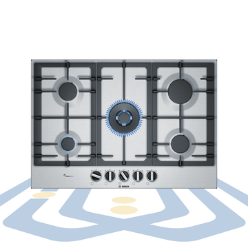Series 6 Gas Hob – 75cm, Stainless Steel, 5 Burners with FlameSelect & Cast Iron Pan Support | Bosch PCQ7A5B90