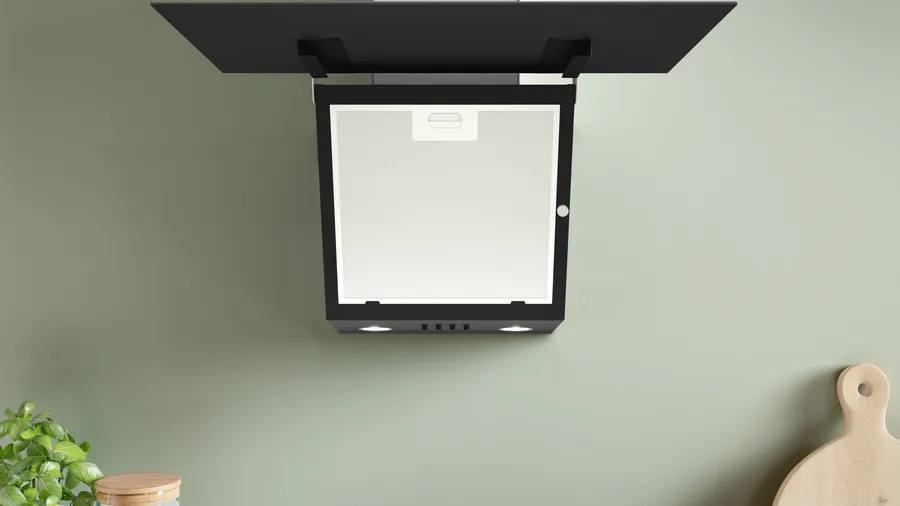 Series 2 Wall-Mounted Cooker Hood – 60 cm, 360 m³/h Extraction, LED Lights, Black Glass | Bosch DWK63PJ61T