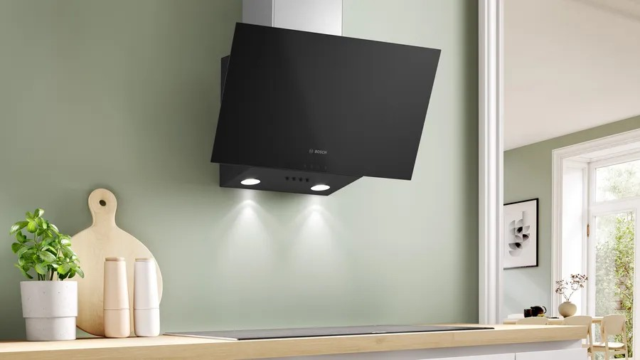 Series 2 Wall-Mounted Cooker Hood – 60 cm, 360 m³/h Extraction, LED Lights, Black Glass | Bosch DWK63PJ61T