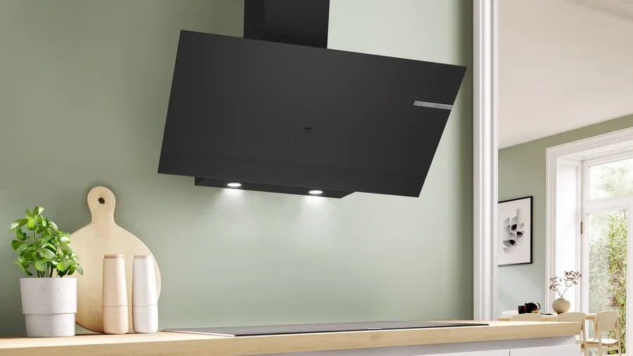 Series 6 Wall-Mounted Cooker Hood – 90 cm, 700 m³/h Extraction, LED Lights, Black Glass Finish | Bosch DWK97PJ60T