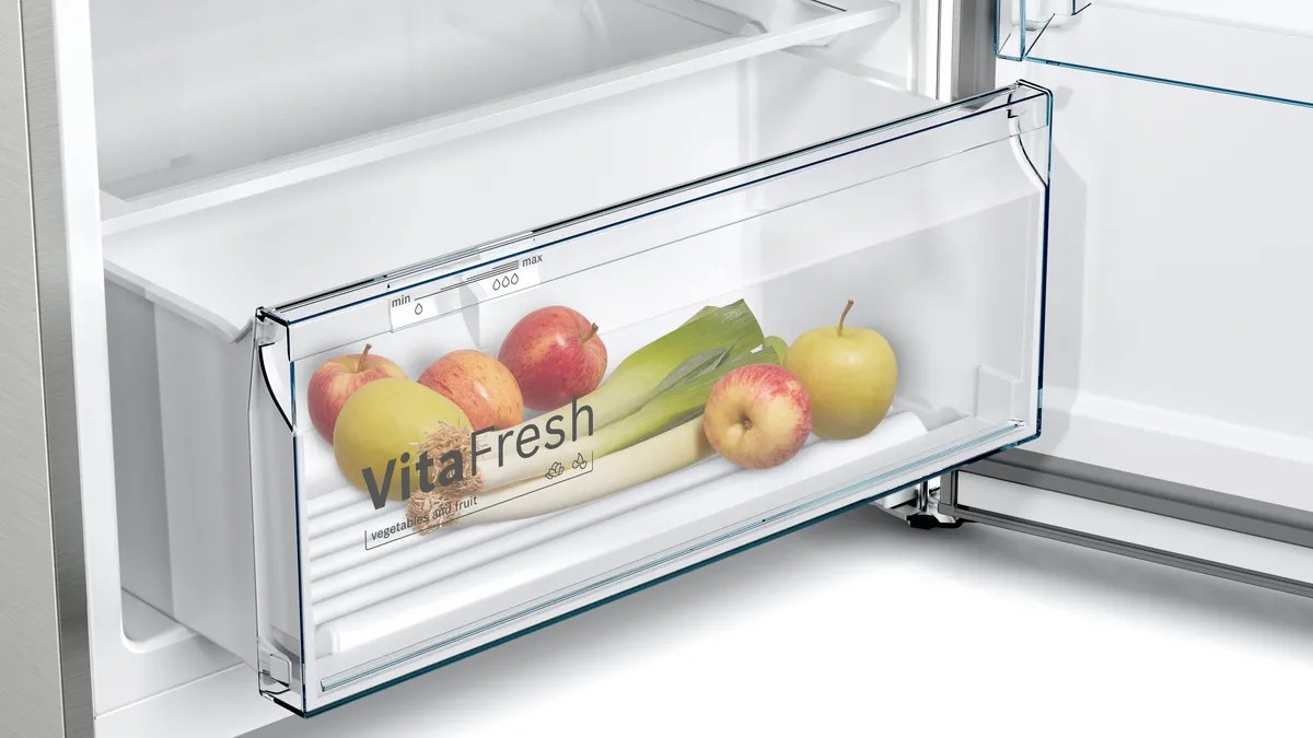 Series 2 Top Freezer Refrigerator – 328L Net Capacity,NoFrost, 178x70 cm, Stainless Steel Look | Bosch KDN43NL2E8