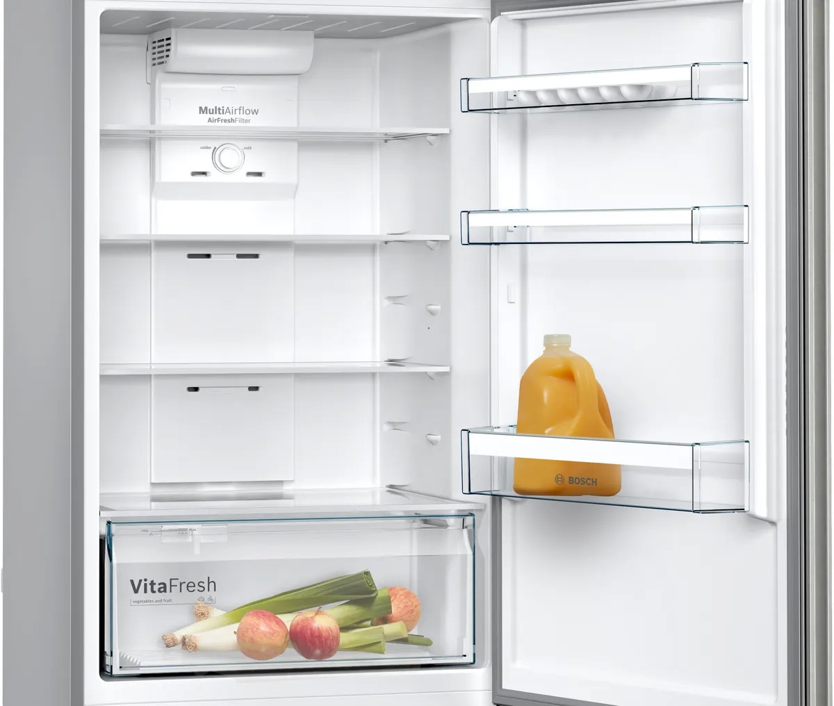 Series 4 Top Freezer Refrigerator – 328L Net Capacity, NoFrost, VitaFresh, 178x70 cm, Stainless Steel Look | Bosch KDN43VL2E8