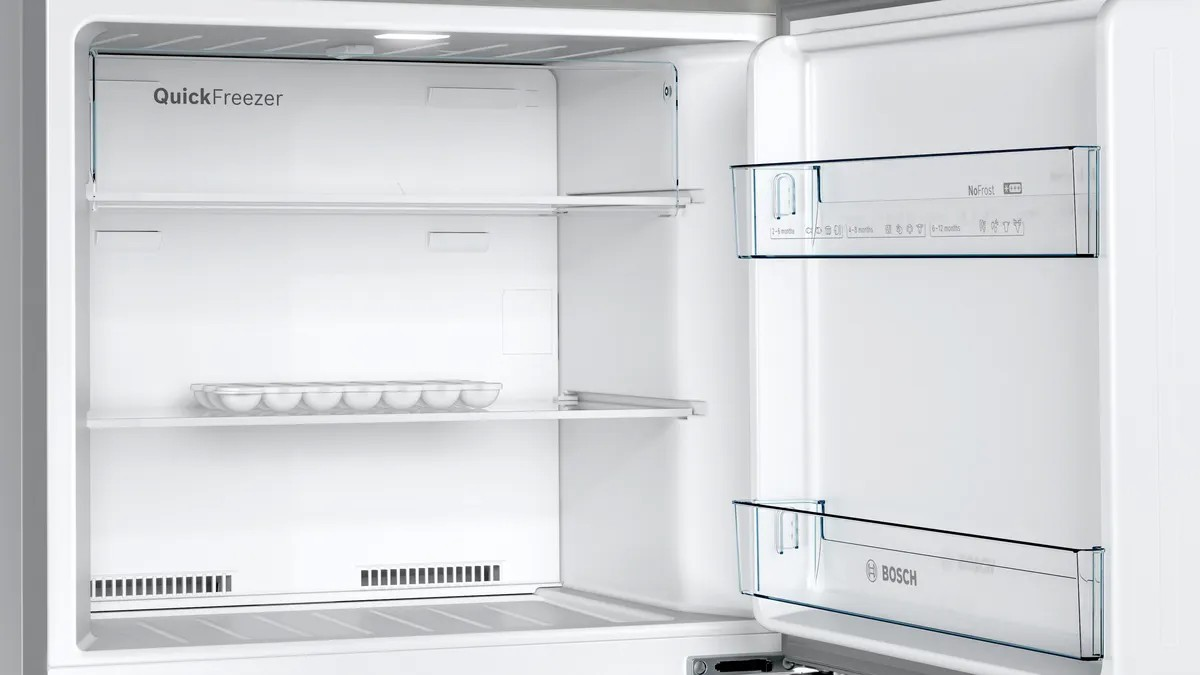 Series 4 Top Freezer Refrigerator – 328L Net Capacity, NoFrost, VitaFresh, 178x70 cm, Stainless Steel Look | Bosch KDN43VL2E8