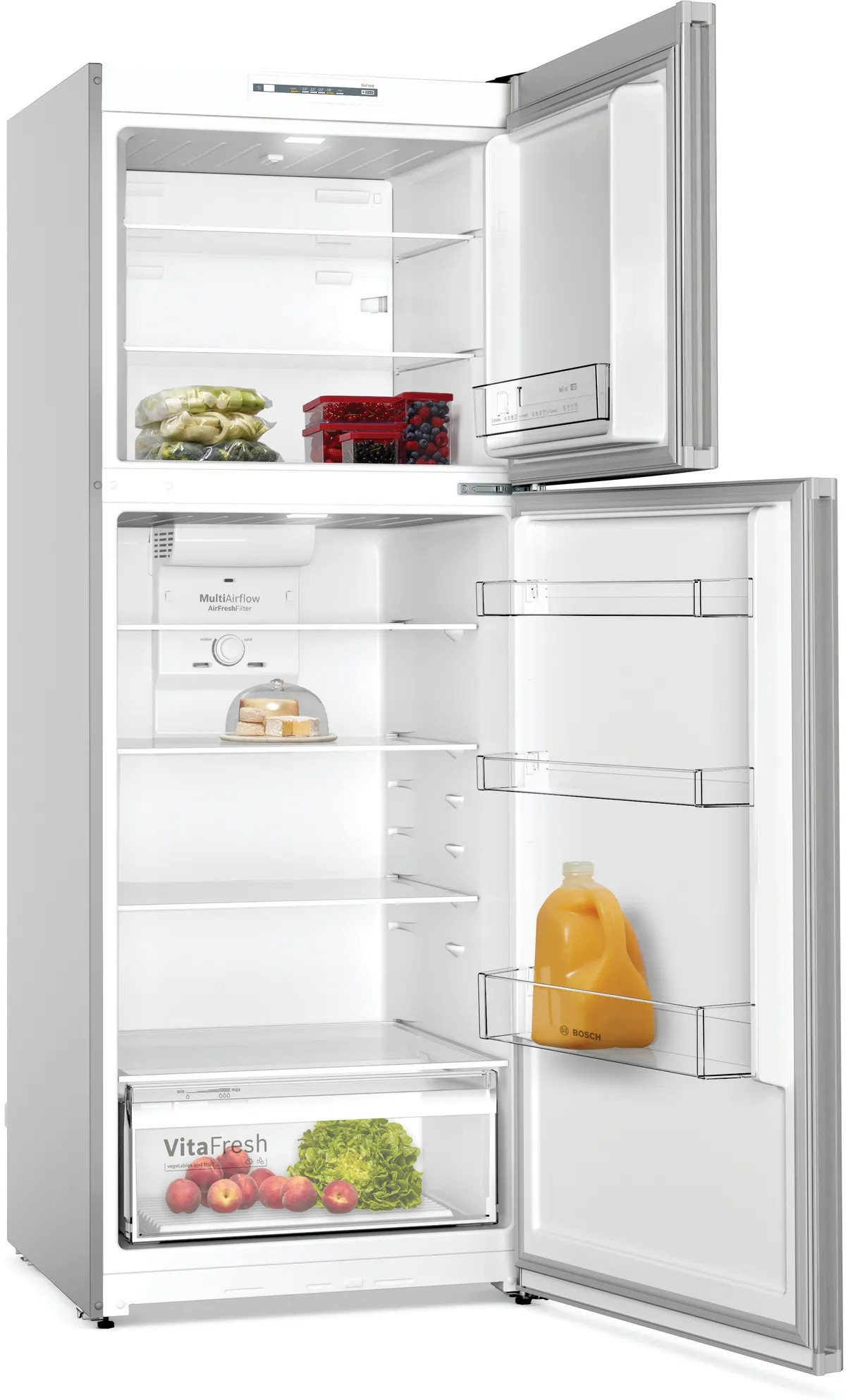 Series 4 Top Freezer Refrigerator – 453L Net Capacity, NoFrost, VitaFresh, 186x70 cm, Stainless Steel Look | Bosch KDN55NL2E8