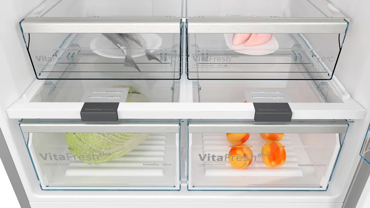 Series 6 Top Freezer Refrigerator – 641L Net Capacity, NoFrost, EasyAccess Shelves, 186x86 cm, Anti-Fingerprint Steel | Bosch KDN86AI3E9