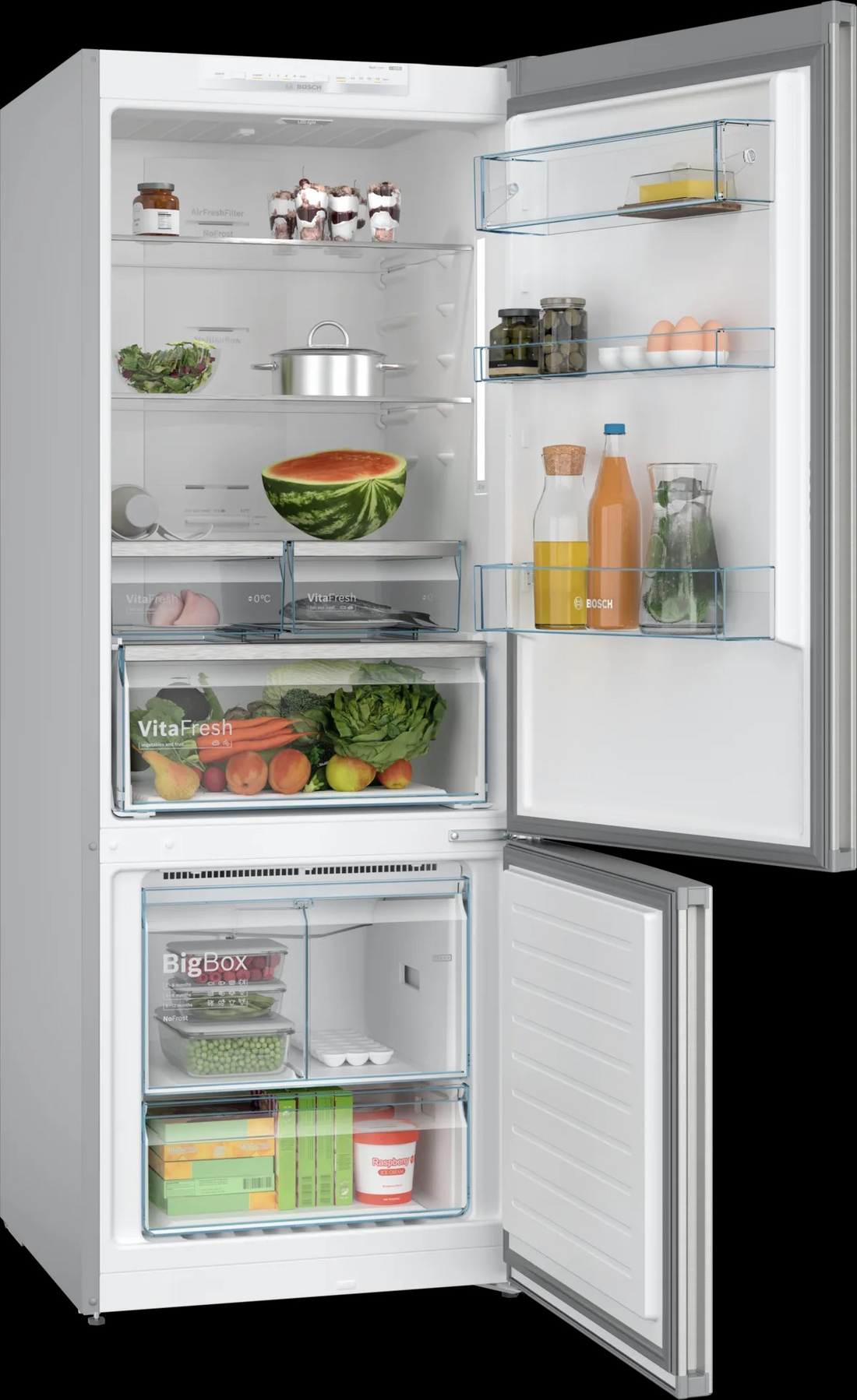 Series 4 Bottom Freezer Refrigerator – 483L Net Capacity, NoFrost, VitaFresh, 186x70 cm, Anti-Fingerprint Steel | Bosch KGN55VI2E9