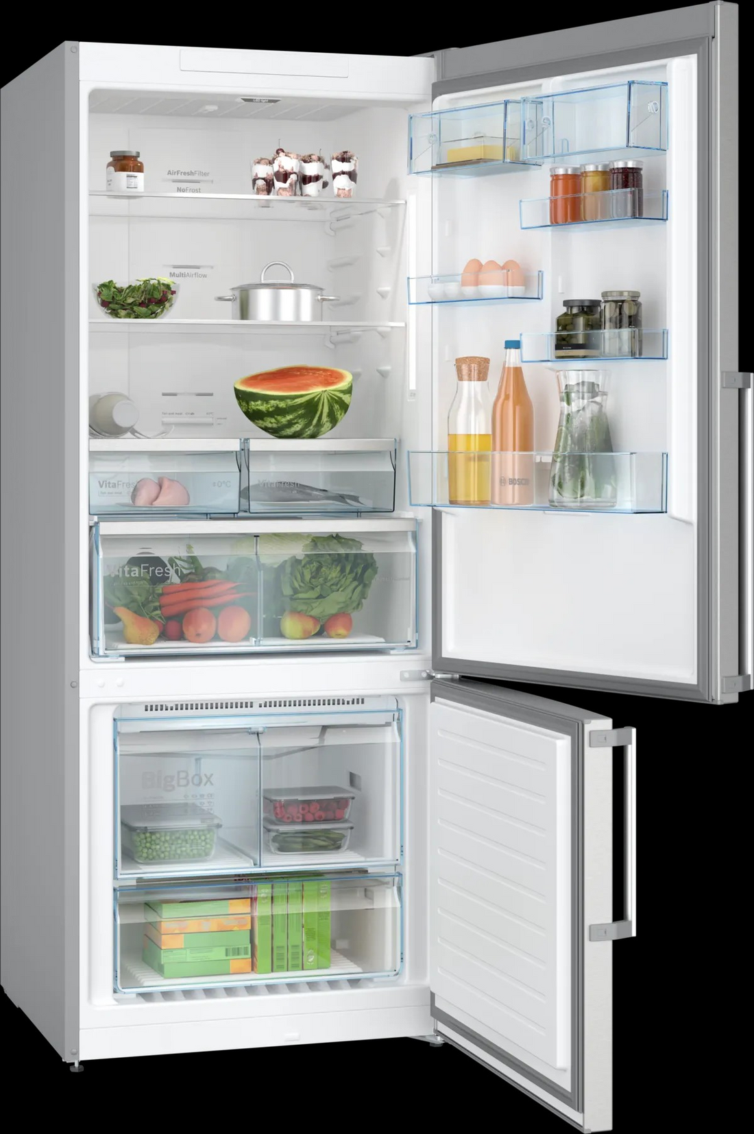 Series 6 Bottom Freezer Refrigerator – 526L Net Capacity, NoFrost, EasyAccess Shelves, 186x75 cm, Anti-Fingerprint Steel | Bosch KGN76CI3E8
