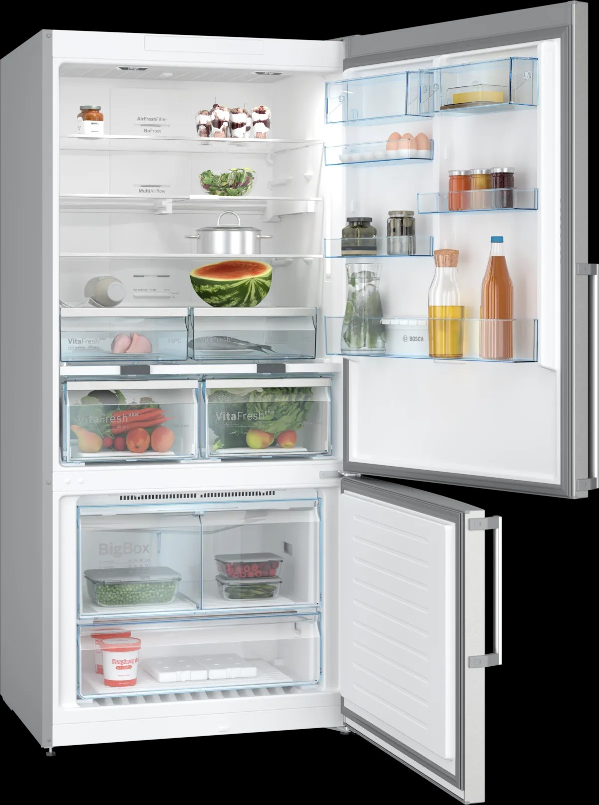 Series 6 Bottom Freezer Refrigerator – 608L XXL Capacity, NoFrost, EasyAccess Shelves, 186x86 cm, Anti-Fingerprint Steel | Bosch KGN86CI3E8