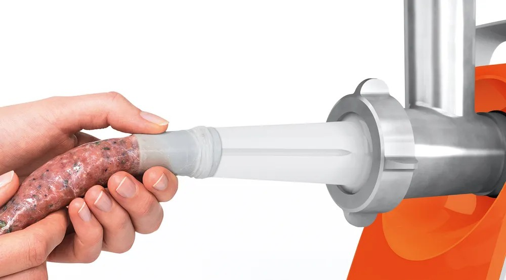 CompactPower Meat Mincer – 1600W Max Power, Citrus Press, Kebbe & Sausage Attachments, White with Soft Orange | Bosch MFW3630I