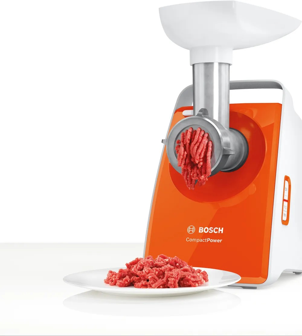 CompactPower Meat Mincer – 1600W Max Power, Citrus Press, Kebbe & Sausage Attachments, White with Soft Orange | Bosch MFW3630I