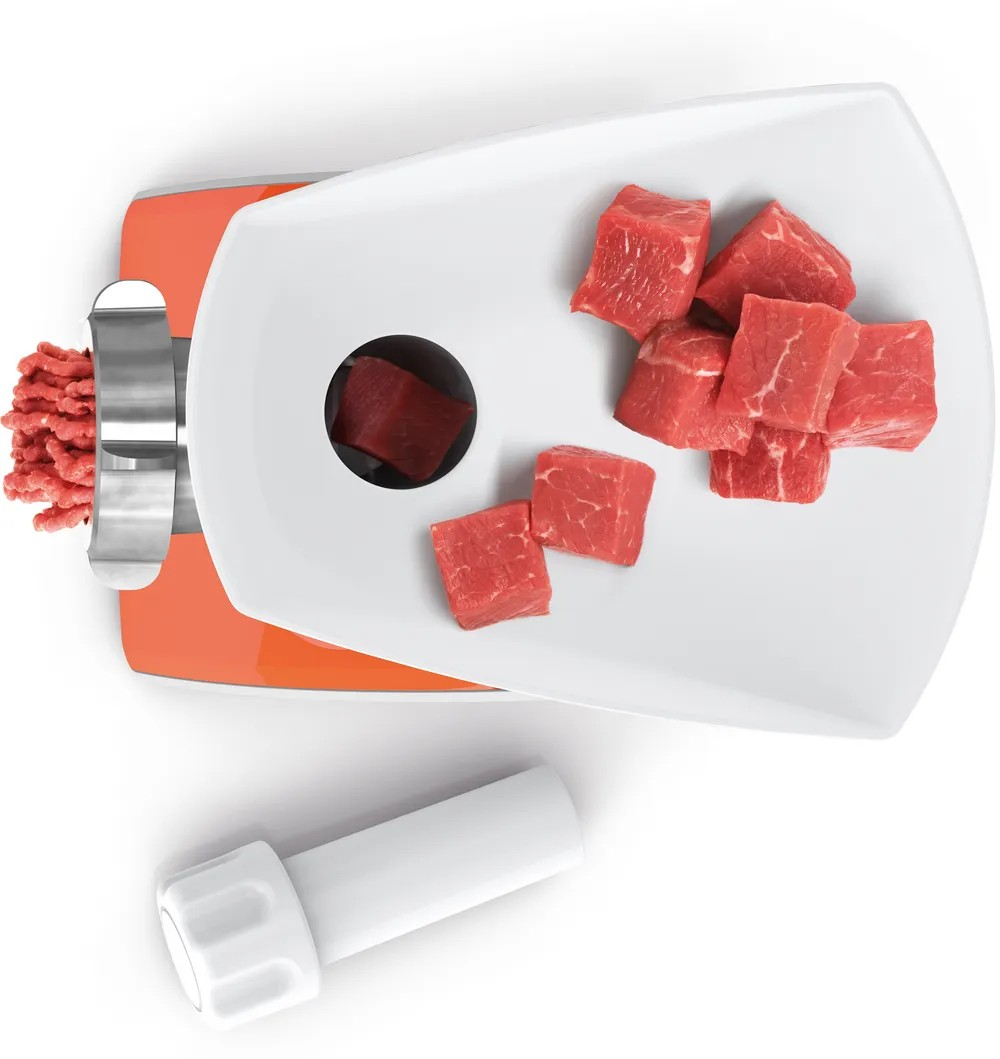 CompactPower Meat Mincer – 1600W Max Power, Citrus Press, Kebbe & Sausage Attachments, White with Soft Orange | Bosch MFW3630I