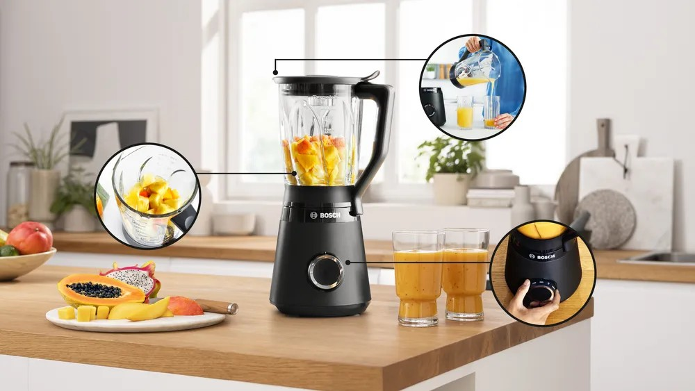VitaPower Series 4 Blender – 1200W, 1.5L Glass Jug, Ice Crush & Smoothie Functions, Black | Bosch MMB6172B