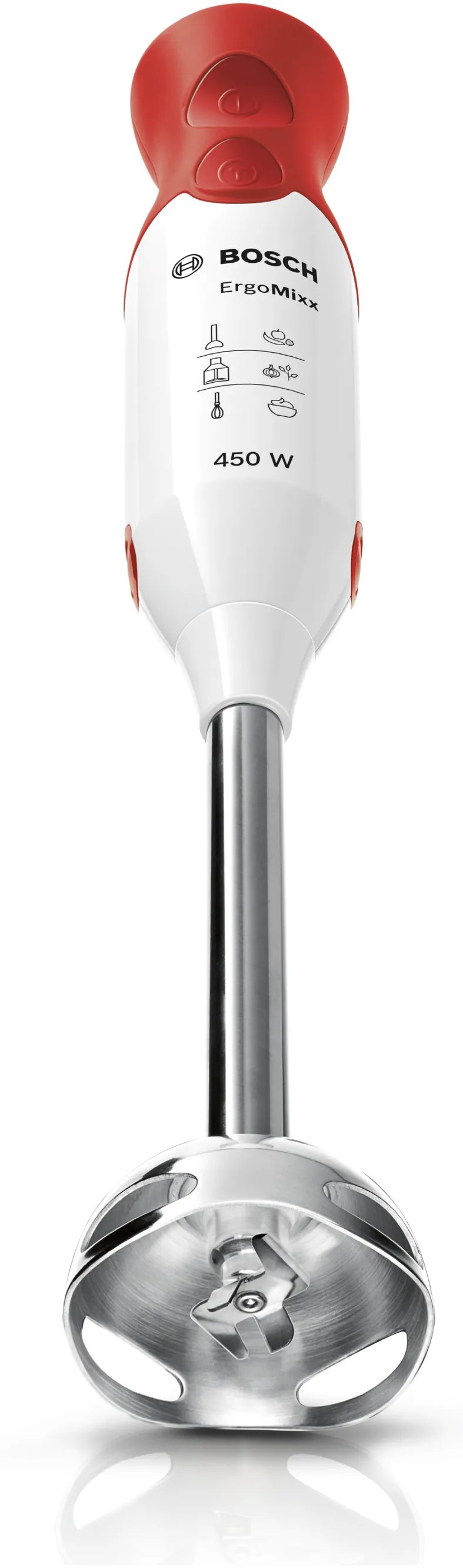 ErgoMixx Hand Blender – 450W, QuattroBlade, Turbo Button, Beaker Included, White & Red | Bosch MSM64110