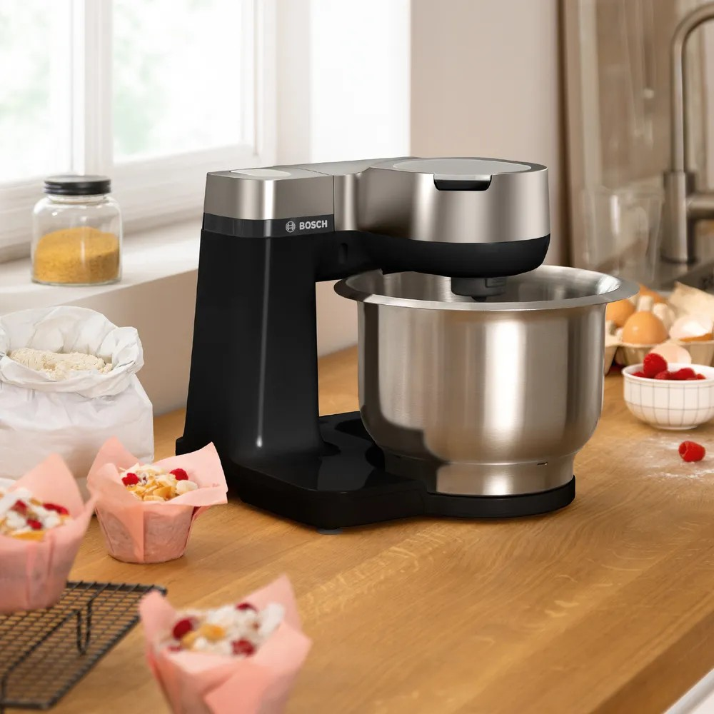Series 2 Kitchen Machine – 900W, 3.8L Stainless Steel Bowl, 3 Attachments, Compact Design – Black & Silver | Bosch MUMS2VM00