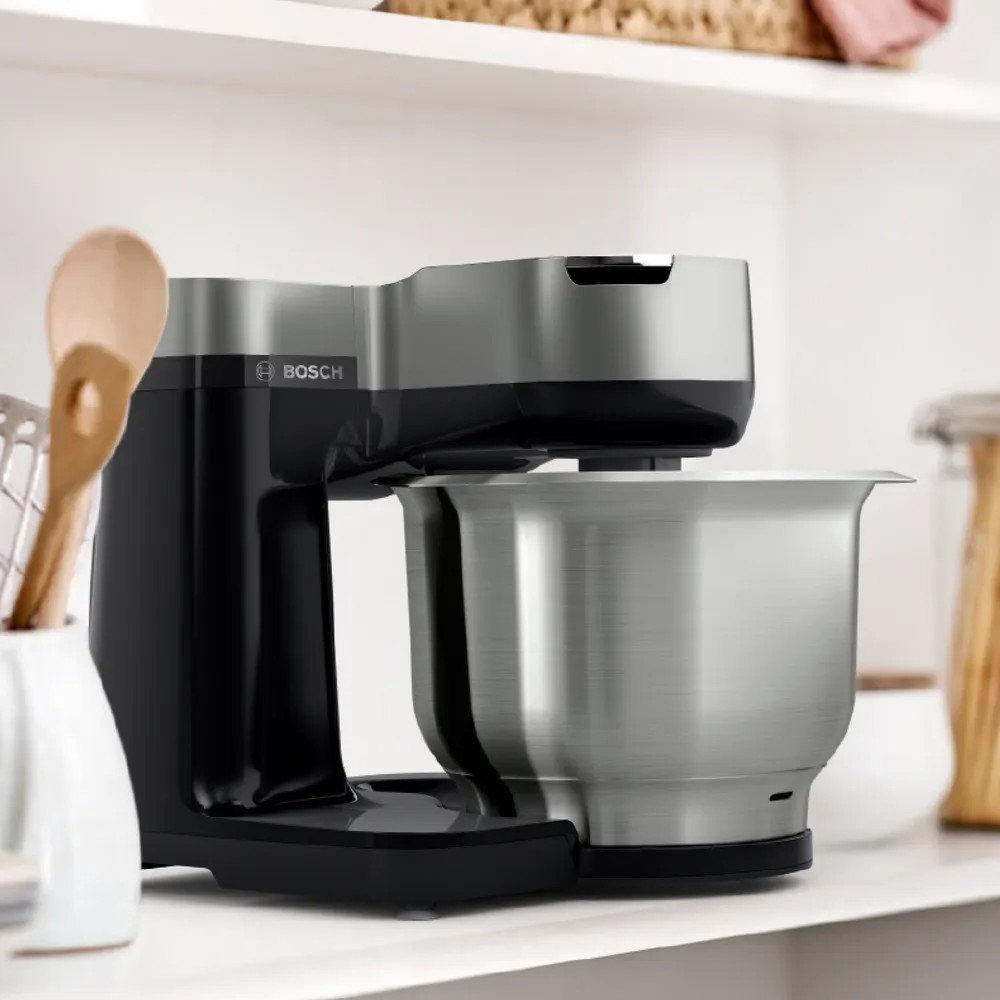 Series 2 Kitchen Machine – 900W, 3.8L Stainless Steel Bowl, 3 Attachments, Compact Design – Black & Silver | Bosch MUMS2VM00