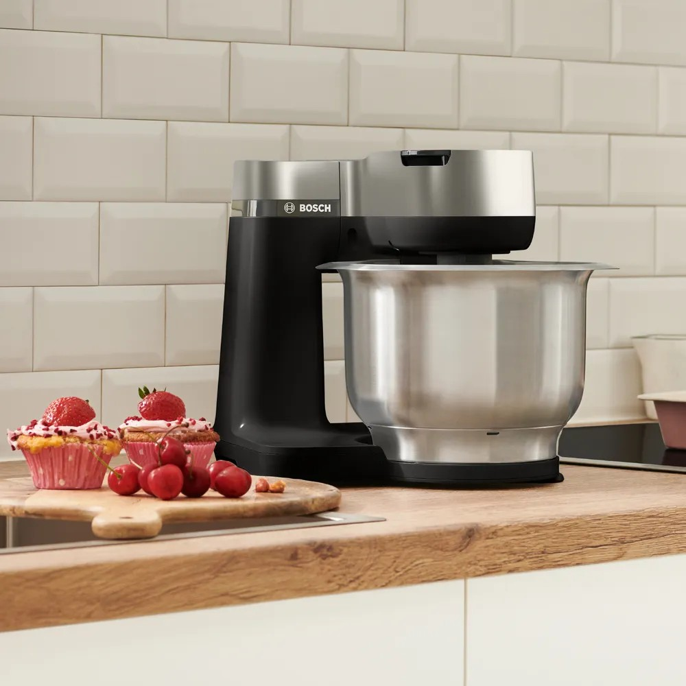 Series 2 Kitchen Machine – 900W, 3.8L Stainless Steel Bowl, 3 Attachments, Compact Design – Black & Silver | Bosch MUMS2VM00