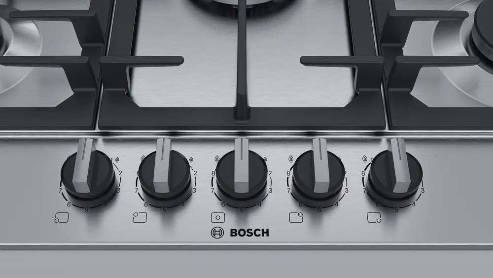 Series 6 Gas Hob – 75cm, Stainless Steel, 5 Burners with FlameSelect & Cast Iron Pan Support | Bosch PCQ7A5B90