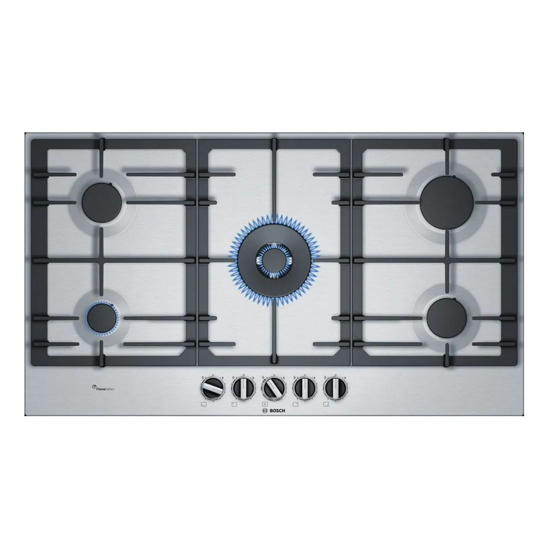 Series 6 Gas Hob – 90cm, Stainless Steel, 5 Burners, FlameSelect, Cast Iron Pan Supports | Bosch PCR9A5B90