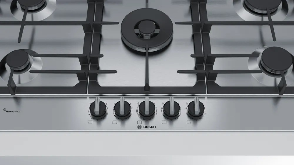 Series 6 Gas Hob – 90cm, Stainless Steel, 5 Burners, FlameSelect, Cast Iron Pan Supports | Bosch PCR9A5B90