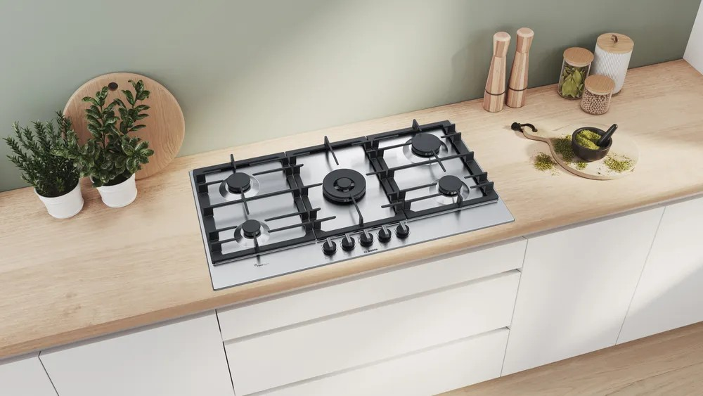 Series 6 Gas Hob – 90cm, Stainless Steel, 5 Burners, FlameSelect, Cast Iron Pan Supports | Bosch PCR9A5B90