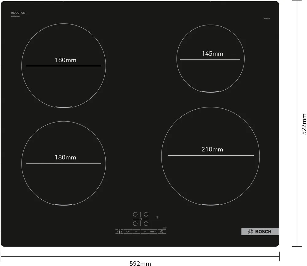 Series 4 Induction Hob – 60cm, Black, TouchSelect, PowerBoost, 4 Cooking Zones | Bosch PUE611BB5E