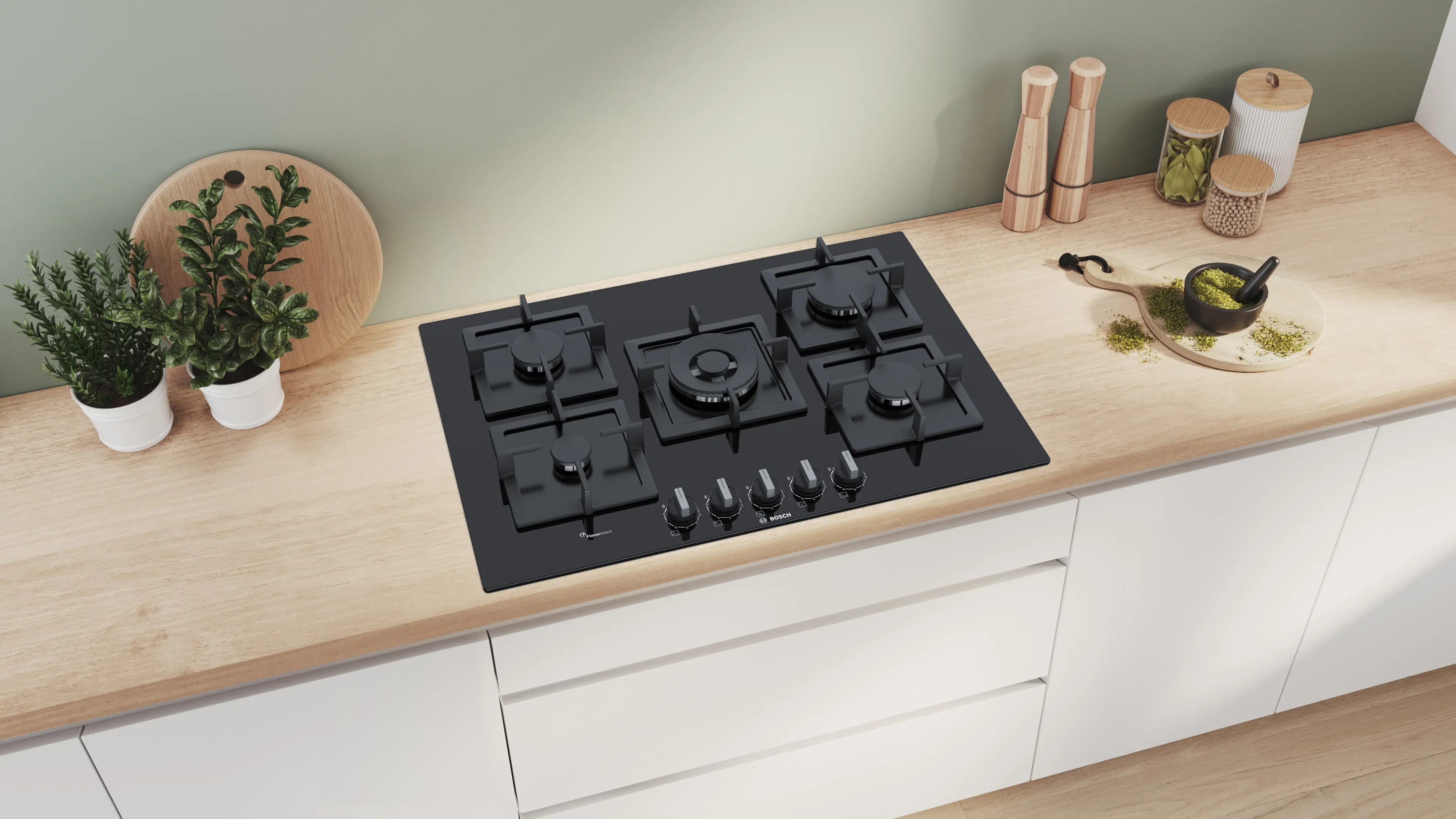 Series 6 Built-in Gas Hob – 75 cm, 5 Burners, FlameS elect, Black Tempered Glass | Bosch PPQ7A6B20