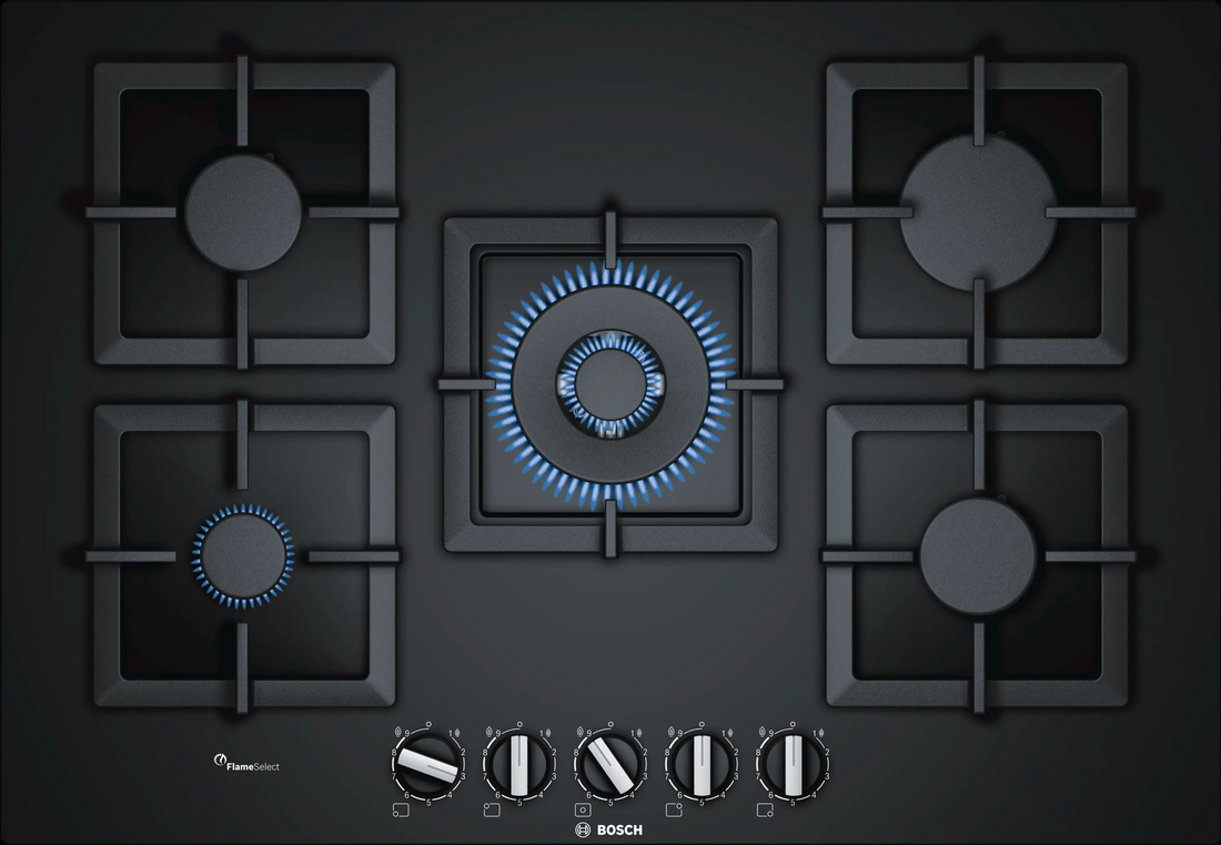 مسطح غاز بلت إن سيريس 6 – مقاس 75 سم، 5 شعلات، FlameSelect، زجاج أسود مقوّى | بوش PPQ7A6B20